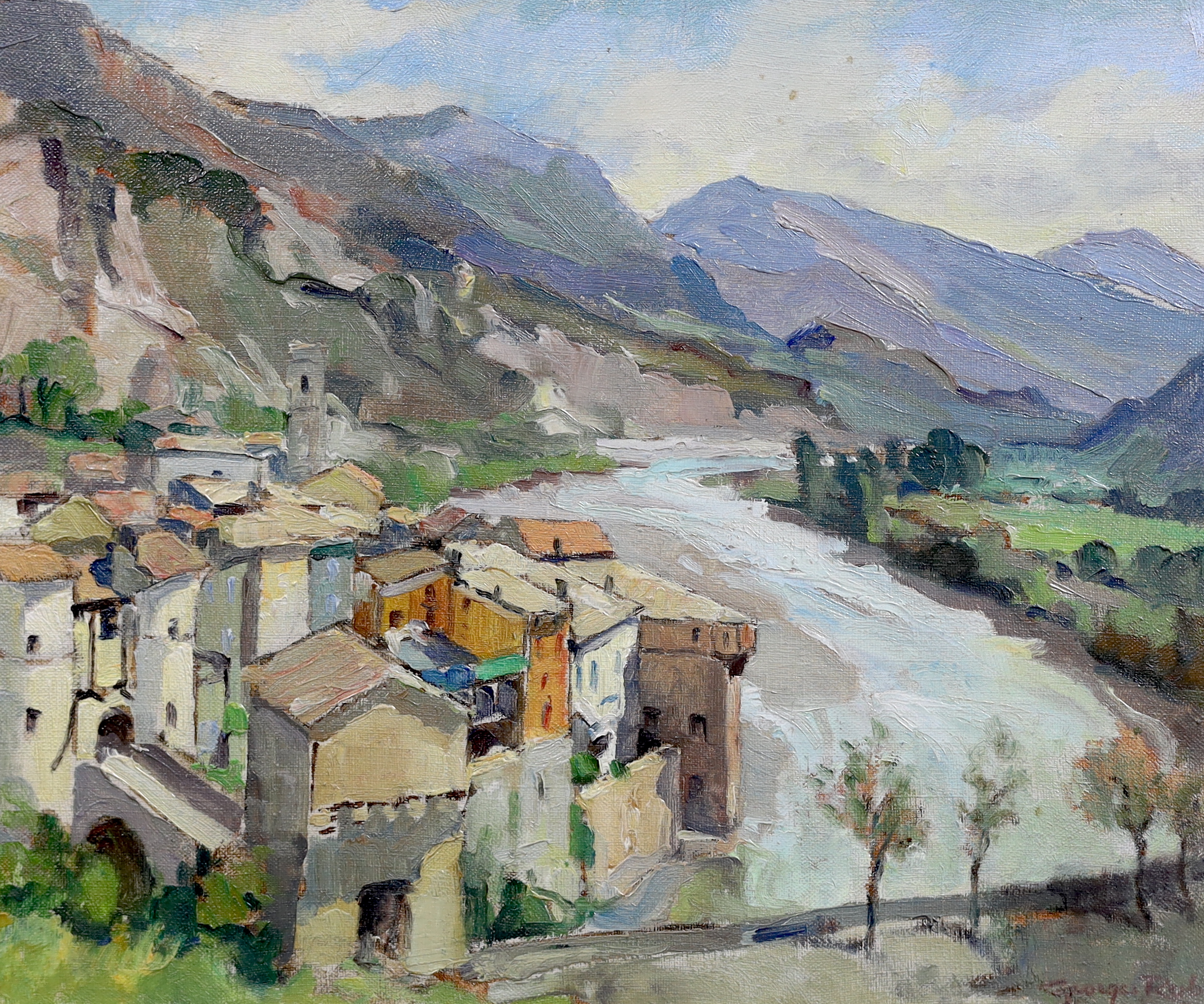 George Charles Robin (French, 1903-2003), 'Entrevaux Balmes Alpes Aout 1954', oil on canvas, 32 x 40cm